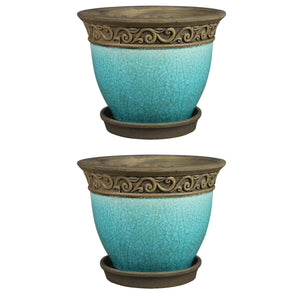 Southern Patio Cadiz 8" Crackled Ceramic Planter Pot w/Saucer, Teal (2 Pack)