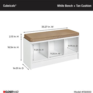 ClosetMaid 3 Cube Cubby Storage Organizer Bench with Seat Cushion, White/Tan