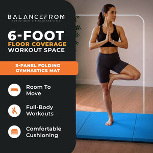 BalanceFrom Fitness GoGym 6x2ft Folding 3 Panel Exercise Mat with Handles, Blue