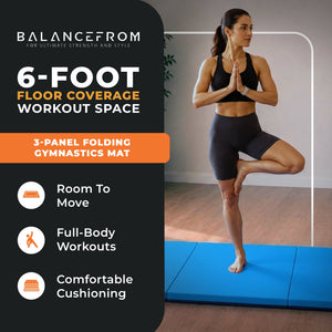 BalanceFrom Fitness GoGym 6x2ft Folding 3 Panel Exercise Mat with Handles, Blue