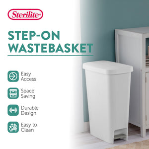Sterilite 11 Gal. Slim Hands Free Portable Wastebasket Trash Can, White (8 Pack)