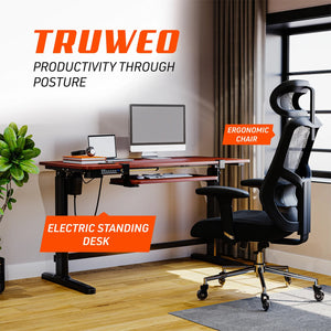 Truweo Adjustable Electric Standing Desk Tabletop w/Sliding Keyboard Tray, Brown