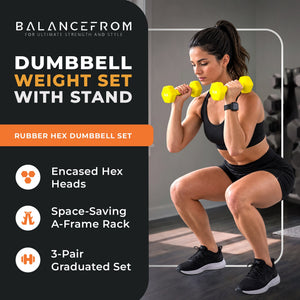BalanceFrom 20 lb Neoprene Iron Dumbbell Hex Weights Set with Stand, Multi-Color