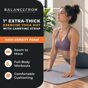BalanceFrom GoCloud 1" Extra Thick Exercise Yoga Mat with Carrying Strap, Gray