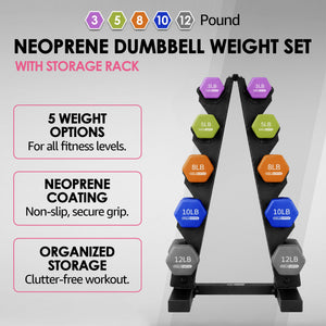 HolaHatha Dumbbell Hand Weights Set & Rack for Home Workout, 76 Lbs, Multicolor