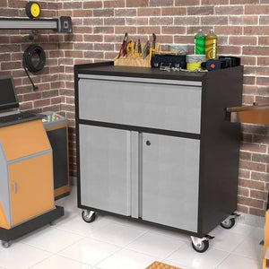 AOBABO Steel Lockable Wheeled Storage Cabinet w/Drawer & Shelves, Black/Grey