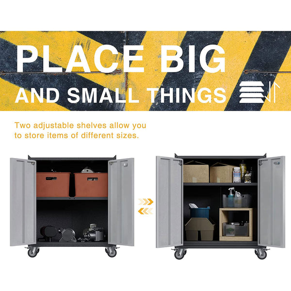 AOBABO Steel Lockable Wheeled Garage Tool Storage Cabinet w/Shelves, Black/Grey