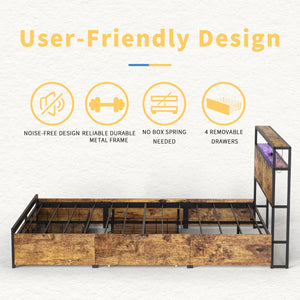 HAUSOURCE Queen Platform Bed Frame w/ Headboard, Drawers & Outlets, Rustic Brown
