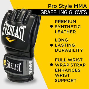 Everlast Pro Style MMA Grappling Training Gloves w/Full Wrist Strap, L/XL, Black