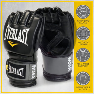 Everlast Pro Style MMA Grappling Training Gloves w/Full Wrist Strap, L/XL, Black
