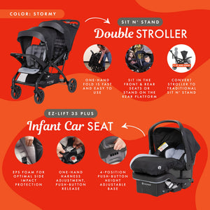 Baby Trend Sit N Stand Double Stroller with EZ-Lift Plus Infant Car Seat, Stormy - TRAPSKI