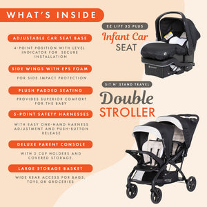Baby Trend Sit N' Stand Double Stroller with EZ-Lift Car Seat (2 Pack), Khaki