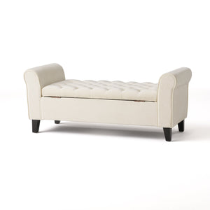 Ivory Fabric Storage Bench with Rolled Arms