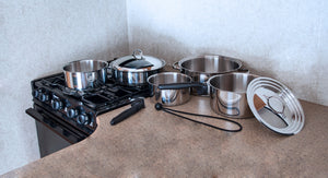 Camco 10 Piece Stainless Steel Cookware Nesting Pot Set w/Handle & Storage Strap