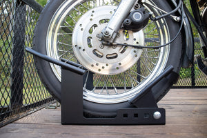 Camco Motorcycle Wheel Chock Mount with Handlebar Straps & Universal Tire Fit