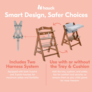 hauck Alpha+ Grow Along Walnut Wooden High Chair, Tray & Deluxe Cushion, Grey
