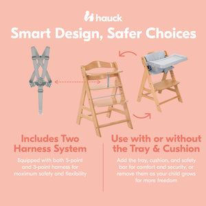 hauck Alpha+ Grow Along Wooden High Chair w/Grey Tray Table & Deluxe Cushion