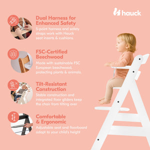 hauck AlphaPlus Grow Along White Wooden High Chair, Tray Table, & Grey Cushion