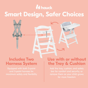 hauck AlphaPlus Grow Along White Wooden High Chair, Tray Table, & Grey Cushion