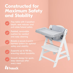 hauck Alpha+ Grow Along White Wooden High Chair, Grey Tray Table, & Cushion