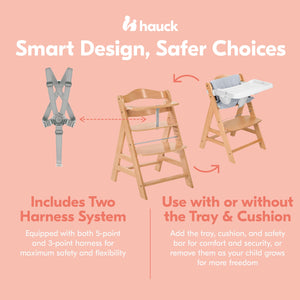 hauck Alpha+ Grow Along Wooden High Chair w/White Tray Table & Grey Cushion