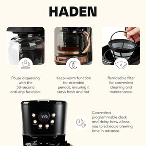 Haden Coffee Machine, 12 Cup Programmable Drip Coffee Maker, Black & Copper