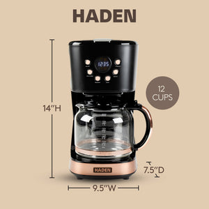 Haden Coffee Machine, 12 Cup Programmable Drip Coffee Maker, Black & Copper