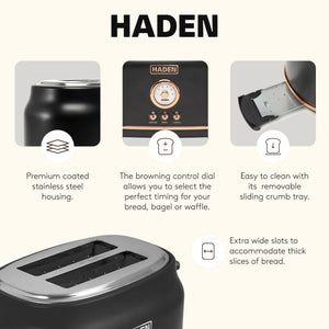 Haden Dorset 2 Slice Wide Slot Stainless Steel Toaster, Black & Copper