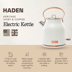 Haden Heritage 1.7 Liter Stainless Steel Electric Water Kettle, Ivory & Copper - TRAPSKI