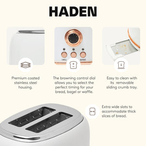Haden Heritage 2 Slice Wide Slot Stainless Steel Toaster, Ivory & Copper - TRAPSKI