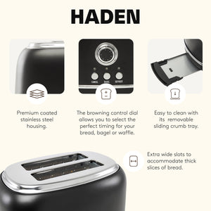 Haden Heritage 2 Slice Wide Slot Stainless Steel Toaster, Black & Chrome