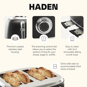 Haden Heritage 4 Slice Wide Slot Stainless Steel Toaster, Black & Chrome