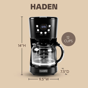Haden Coffee Machine, 12 Cup Programmable Drip Coffee Maker, Black & Chrome