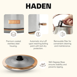 Haden Heritage 1.7 Liter Stainless Steel Electric Water Kettle, Steel & Copper