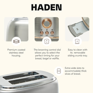 Haden Heritage 2 Slice Wide Slot Stainless Steel Toaster, Steel & Copper
