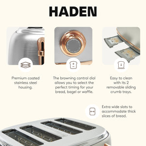 Haden Heritage 4 Slice Wide Slot Stainless Steel Toaster, Steel & Copper