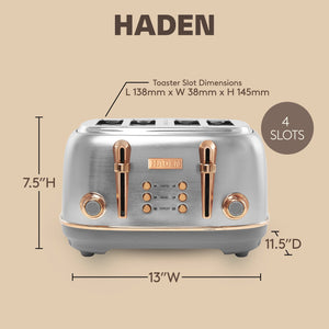 Haden Heritage 4 Slice Wide Slot Stainless Steel Toaster, Steel & Copper