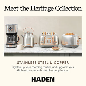 Haden Heritage 4 Slice Wide Slot Stainless Steel Toaster, Steel & Copper