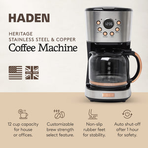 Haden Coffee Machine, 12 Cup Programmable Drip Coffee Maker, Steel & Copper