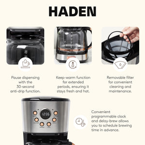 Haden Coffee Machine, 12 Cup Programmable Drip Coffee Maker, Steel & Copper