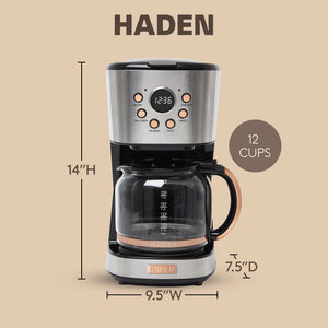 Haden Coffee Machine, 12 Cup Programmable Drip Coffee Maker, Steel & Copper