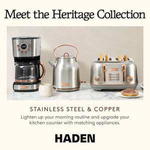 Haden Coffee Machine, 12 Cup Programmable Drip Coffee Maker, Steel & Copper