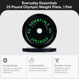BalanceFrom Everyday Essentials Set of 2 Olympic Bumper Weight Plates, Rubber Weights with Stainless-Steel Hubs, Fits 2-Inch Barbell Bars, Black