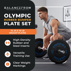 BalanceFrom Fitness 160 Pound Olympic Bumper Strength Training Weight Plate Set