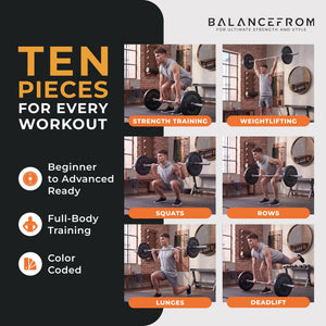 BalanceFrom Fitness 260 Pound Olympic Bumper Strength Training Weight Plate Set