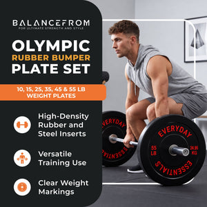 BalanceFrom Fitness 370 Pound Olympic Bumper Strength Training Weight Plate Set