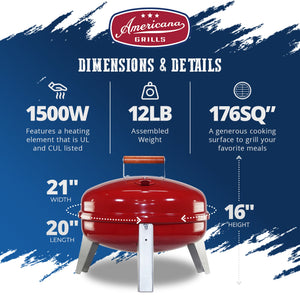 Americana Wherever Grill Dual-Fuel Portable Electric and Charcoal BBQ Grill, Red