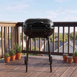 MECO Americana Swinger Wheeled Charcoal Grill, Side Tables & Bottom Shelf, Black