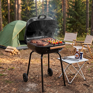 MECO Americana Swinger Wheeled Charcoal Grill, Side Tables & Bottom Shelf, Black