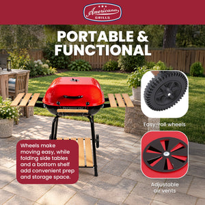MECO Americana Swinger Wheeled Charcoal Grill w/Side Tables & Bottom Shelf, Red